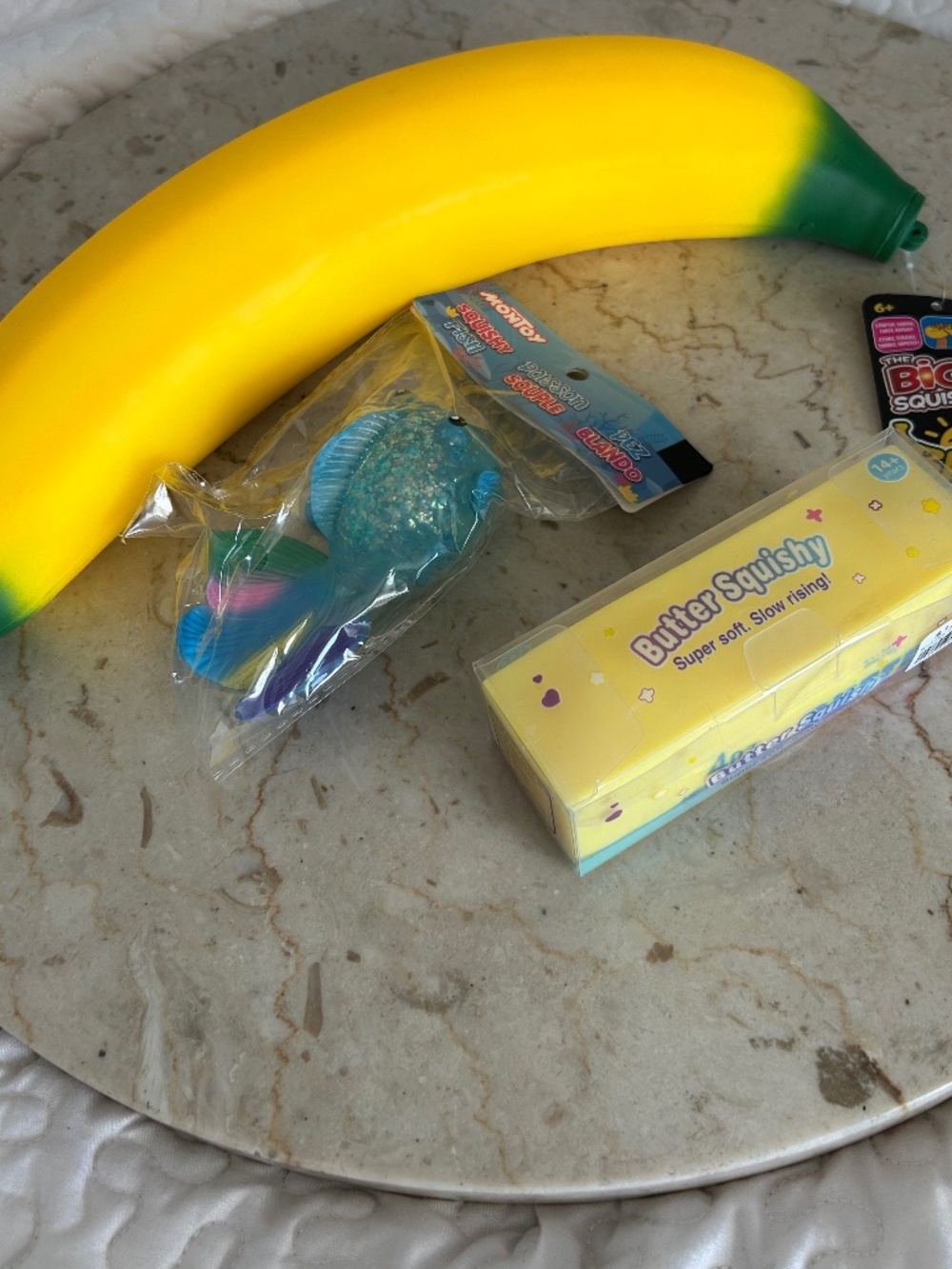 Viral Giant Squishy Banana, Glitter Fish, and Butter Squishy Sensory Toy Bundle